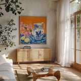 Still Life With Pitcher by Morgan Birch. Shown in a natural wood frame in a cozy modern living room. Available as an archival giclee rolled canvas, fine art paper, or poster print. SKU 104012a.