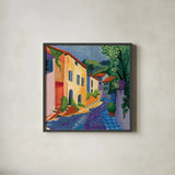 Stroll Down The Street by Morgan Birch. Shown in a sleek black glass frame for a contemporary gallery look. Available as an archival giclee rolled canvas, fine art paper, or poster print. SKU 103145a.