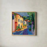 Stroll Down The Street by Morgan Birch. Shown in a natural wood glass frame for a timeless modern aesthetic. Available as an archival giclee rolled canvas, fine art paper, or poster print. SKU 103145a.