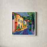Stroll Down The Street by Morgan Birch. Shown in a crisp white glass frame for a clean and minimalist style. Available as an archival giclee rolled canvas, fine art paper, or poster print. SKU 103145a.