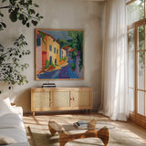 Stroll Down The Street by Morgan Birch. Shown in a natural wood frame in a cozy modern living room. Available as an archival giclee rolled canvas, fine art paper, or poster print. SKU 103145a.