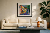 Stroll Down The Street by Morgan Birch. Displayed in a glass frame with matte in a clean modern living room. Available as an archival giclee rolled canvas, fine art paper, or poster print. SKU 103145a.