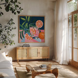Summer Cocktail by Morgan Birch. Shown in a natural wood frame in a cozy modern living room. Available as an archival giclee rolled canvas, fine art paper, or poster print. SKU 103339a.