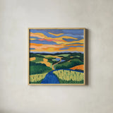 Sunset Over Rolling Hills by Morgan Birch. Shown in a natural wood glass frame for a timeless modern aesthetic. Available as an archival giclee rolled canvas, fine art paper, or poster print. SKU 103114a.