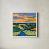 Sunset Over Rolling Hills by Morgan Birch. Shown in a crisp white glass frame for a clean and minimalist style. Available as an archival giclee rolled canvas, fine art paper, or poster print. SKU 103114a.