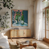 Three Cheers by Morgan Birch. Shown in a natural wood frame in a cozy modern living room. Available as an archival giclee rolled canvas, fine art paper, or poster print. SKU 103120a.