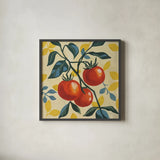 Three Tomatoes by Morgan Birch. Shown in a sleek black glass frame for a contemporary gallery look. Available as an archival giclee rolled canvas, fine art paper, or poster print. SKU 103336a.