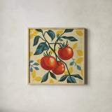 Three Tomatoes by Morgan Birch. Shown in a natural wood glass frame for a timeless modern aesthetic. Available as an archival giclee rolled canvas, fine art paper, or poster print. SKU 103336a.