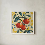 Three Tomatoes by Morgan Birch. Shown in a crisp white glass frame for a clean and minimalist style. Available as an archival giclee rolled canvas, fine art paper, or poster print. SKU 103336a.
