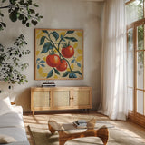 Three Tomatoes by Morgan Birch. Shown in a natural wood frame in a cozy modern living room. Available as an archival giclee rolled canvas, fine art paper, or poster print. SKU 103336a.