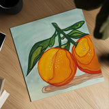 Two Oranges by Morgan Birch. Shown as a detailed flat fine art print, highlighting archival giclee quality. Available as an archival giclee rolled canvas, fine art paper, or poster print. SKU 104056a.