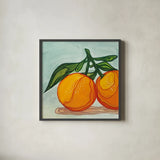 Two Oranges by Morgan Birch. Shown in a sleek black glass frame for a contemporary gallery look. Available as an archival giclee rolled canvas, fine art paper, or poster print. SKU 104056a.