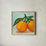 Two Oranges by Morgan Birch. Shown in a natural wood glass frame for a timeless modern aesthetic. Available as an archival giclee rolled canvas, fine art paper, or poster print. SKU 104056a.