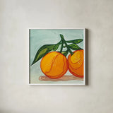 Two Oranges by Morgan Birch. Shown in a crisp white glass frame for a clean and minimalist style. Available as an archival giclee rolled canvas, fine art paper, or poster print. SKU 104056a.
