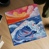 Waves Crashing With Sunset by Morgan Birch. Shown as a detailed flat fine art print, highlighting archival giclee quality. Available as an archival giclee rolled canvas, fine art paper, or poster print. SKU 103117a.