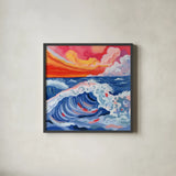 Waves Crashing With Sunset by Morgan Birch. Shown in a sleek black glass frame for a contemporary gallery look. Available as an archival giclee rolled canvas, fine art paper, or poster print. SKU 103117a.
