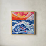 Waves Crashing With Sunset by Morgan Birch. Shown in a natural wood glass frame for a timeless modern aesthetic. Available as an archival giclee rolled canvas, fine art paper, or poster print. SKU 103117a.