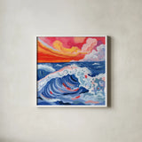 Waves Crashing With Sunset by Morgan Birch. Shown in a crisp white glass frame for a clean and minimalist style. Available as an archival giclee rolled canvas, fine art paper, or poster print. SKU 103117a.
