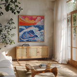Waves Crashing With Sunset by Morgan Birch. Shown in a natural wood frame in a cozy modern living room. Available as an archival giclee rolled canvas, fine art paper, or poster print. SKU 103117a.