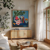 Well Read by Morgan Birch. Shown in a natural wood frame in a cozy modern living room. Available as an archival giclee rolled canvas, fine art paper, or poster print. SKU 103342a.