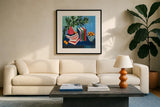 Well Read by Morgan Birch. Displayed in a glass frame with matte in a clean modern living room. Available as an archival giclee rolled canvas, fine art paper, or poster print. SKU 103342a.
