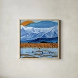 Winter Lake by Morgan Birch. Shown in a natural wood glass frame for a timeless modern aesthetic. Available as an archival giclee rolled canvas, fine art paper, or poster print. SKU 103142a.