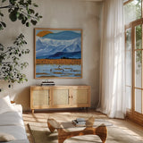 Winter Lake by Morgan Birch. Shown in a natural wood frame in a cozy modern living room. Available as an archival giclee rolled canvas, fine art paper, or poster print. SKU 103142a.