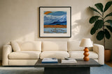 Winter Lake by Morgan Birch. Displayed in a glass frame with matte in a clean modern living room. Available as an archival giclee rolled canvas, fine art paper, or poster print. SKU 103142a.