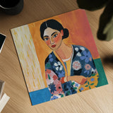 Woman With Patterned Shirt by Morgan Birch. Shown as a detailed flat fine art print, highlighting archival giclee quality. Available as an archival giclee rolled canvas, fine art paper, or poster print. SKU 103113a.