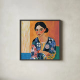 Woman With Patterned Shirt by Morgan Birch. Shown in a sleek black glass frame for a contemporary gallery look. Available as an archival giclee rolled canvas, fine art paper, or poster print. SKU 103113a.