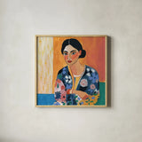 Woman With Patterned Shirt by Morgan Birch. Shown in a natural wood glass frame for a timeless modern aesthetic. Available as an archival giclee rolled canvas, fine art paper, or poster print. SKU 103113a.