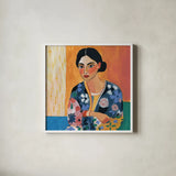 Woman With Patterned Shirt by Morgan Birch. Shown in a crisp white glass frame for a clean and minimalist style. Available as an archival giclee rolled canvas, fine art paper, or poster print. SKU 103113a.