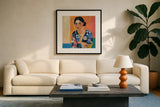 Woman With Patterned Shirt by Morgan Birch. Displayed in a glass frame with matte in a clean modern living room. Available as an archival giclee rolled canvas, fine art paper, or poster print. SKU 103113a.