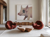 Bacon, Bits and Ham I by Myles Sullivan. Shown as extra-large giant wall art in a modern living room. Available as an archival giclee rolled canvas, fine art paper, or poster print. SKU 32222a.