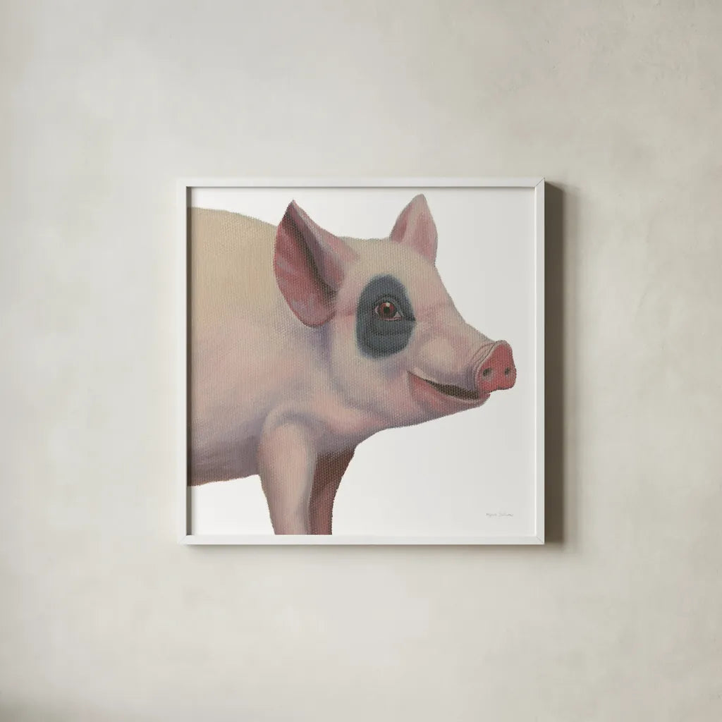 Bacon, Bits and Ham II by Myles Sullivan. Shown in a crisp white glass frame for a clean and minimalist style. Available as an archival giclee rolled canvas, fine art paper, or poster print. SKU 32223a.