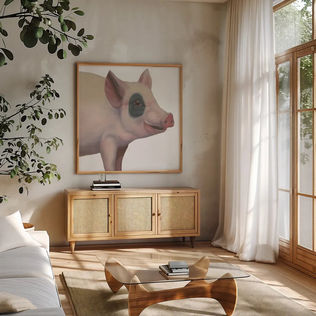 Bacon, Bits and Ham II by Myles Sullivan. Shown in a natural wood frame in a cozy modern living room. Available as an archival giclee rolled canvas, fine art paper, or poster print. SKU 32223a.