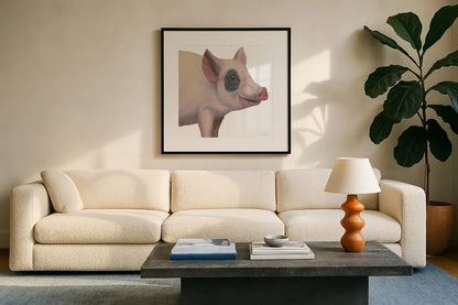 Bacon, Bits and Ham II by Myles Sullivan. Displayed in a glass frame with matte in a clean modern living room. Available as an archival giclee rolled canvas, fine art paper, or poster print. SKU 32223a.