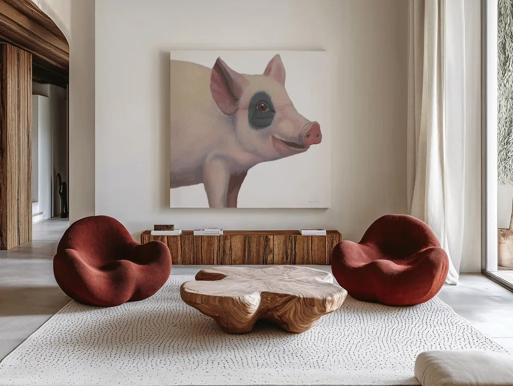 Bacon, Bits and Ham II by Myles Sullivan. Shown as extra-large giant wall art in a modern living room. Available as an archival giclee rolled canvas, fine art paper, or poster print. SKU 32223a.