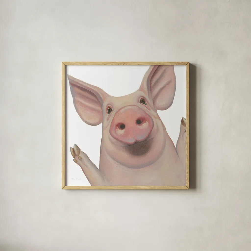 Bacon, Bits and Ham III by Myles Sullivan. Shown in a natural wood glass frame for a timeless modern aesthetic. Available as an archival giclee rolled canvas, fine art paper, or poster print. SKU 32224a.