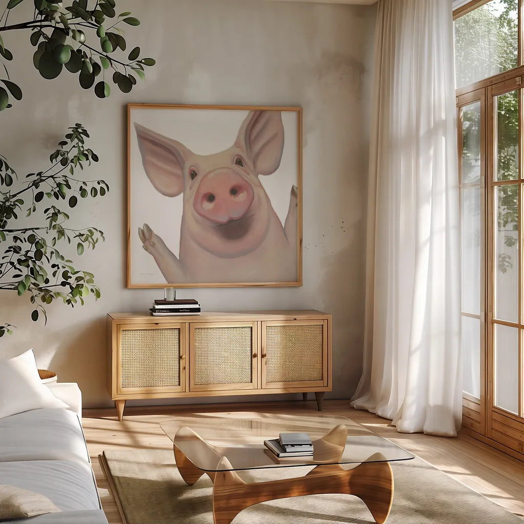 Bacon, Bits and Ham III by Myles Sullivan. Shown in a natural wood frame in a cozy modern living room. Available as an archival giclee rolled canvas, fine art paper, or poster print. SKU 32224a.
