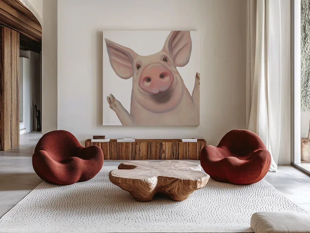 Bacon, Bits and Ham III by Myles Sullivan. Shown as extra-large giant wall art in a modern living room. Available as an archival giclee rolled canvas, fine art paper, or poster print. SKU 32224a.
