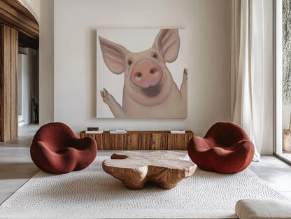 Bacon, Bits and Ham III by Myles Sullivan. Shown as extra-large giant wall art in a modern living room. Available as an archival giclee rolled canvas, fine art paper, or poster print. SKU 32224a.