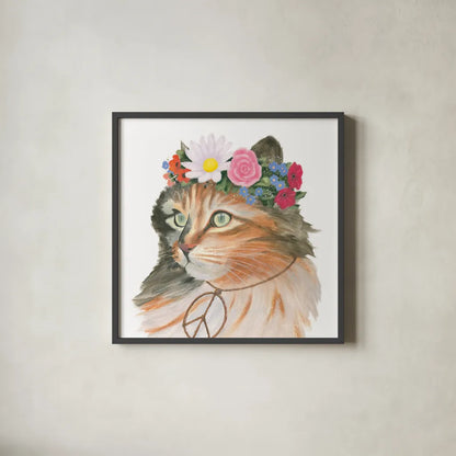 Cattitude I by Myles Sullivan. Shown in a sleek black glass frame for a contemporary gallery look. Available as an archival giclee rolled canvas, fine art paper, or poster print. SKU 34897a.