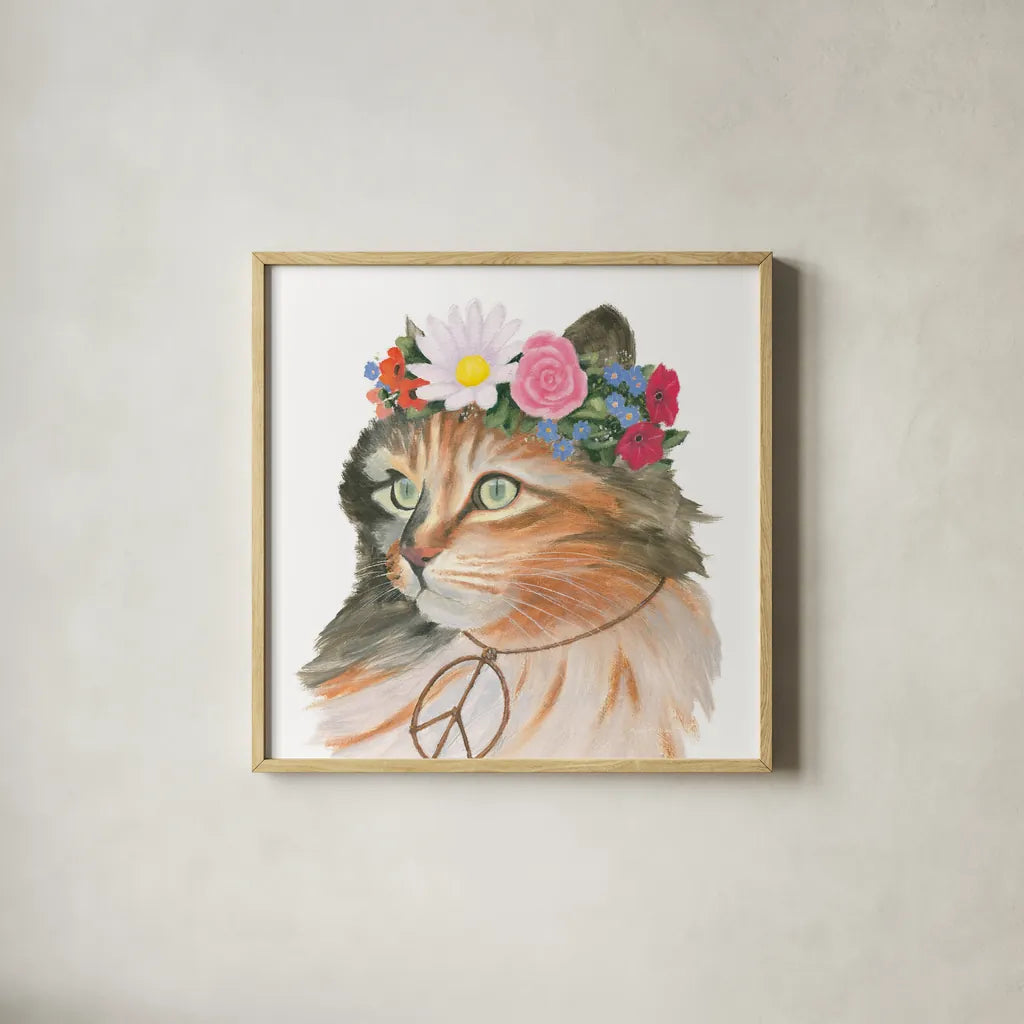 Cattitude I by Myles Sullivan. Shown in a natural wood glass frame for a timeless modern aesthetic. Available as an archival giclee rolled canvas, fine art paper, or poster print. SKU 34897a.