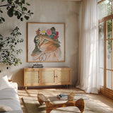 Cattitude I by Myles Sullivan. Shown in a natural wood frame in a cozy modern living room. Available as an archival giclee rolled canvas, fine art paper, or poster print. SKU 34897a.