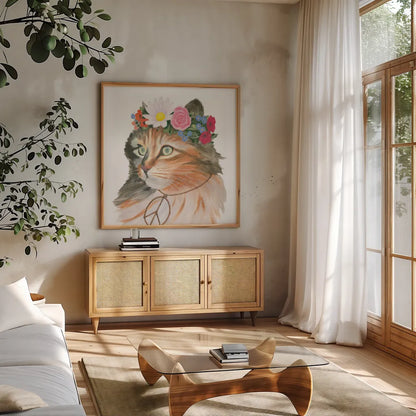 Cattitude I by Myles Sullivan. Shown in a natural wood frame in a cozy modern living room. Available as an archival giclee rolled canvas, fine art paper, or poster print. SKU 34897a.