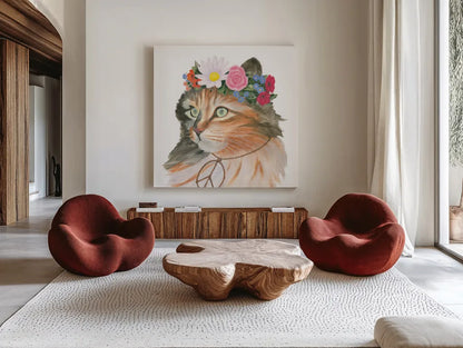 Cattitude I by Myles Sullivan. Shown as extra-large giant wall art in a modern living room. Available as an archival giclee rolled canvas, fine art paper, or poster print. SKU 34897a.