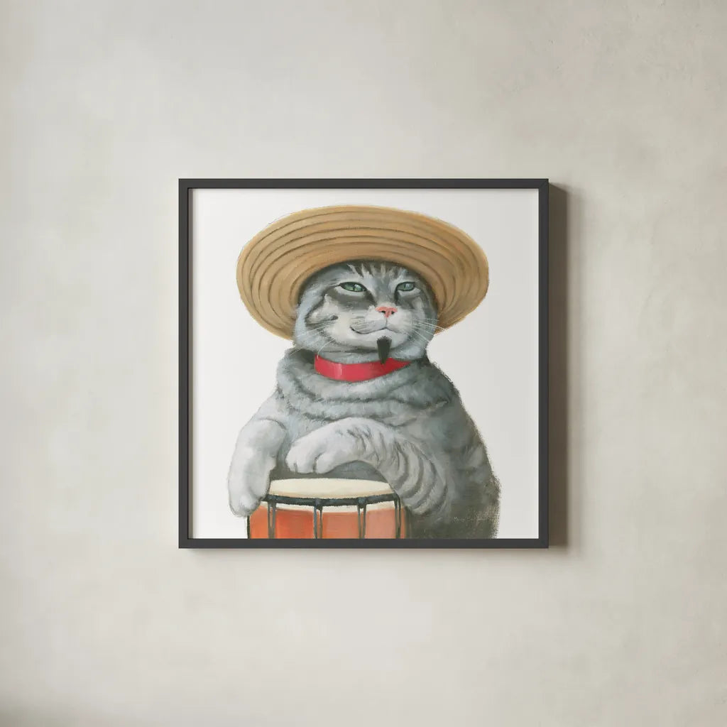 Cattitude II by Myles Sullivan. Shown in a sleek black glass frame for a contemporary gallery look. Available as an archival giclee rolled canvas, fine art paper, or poster print. SKU 34898a.