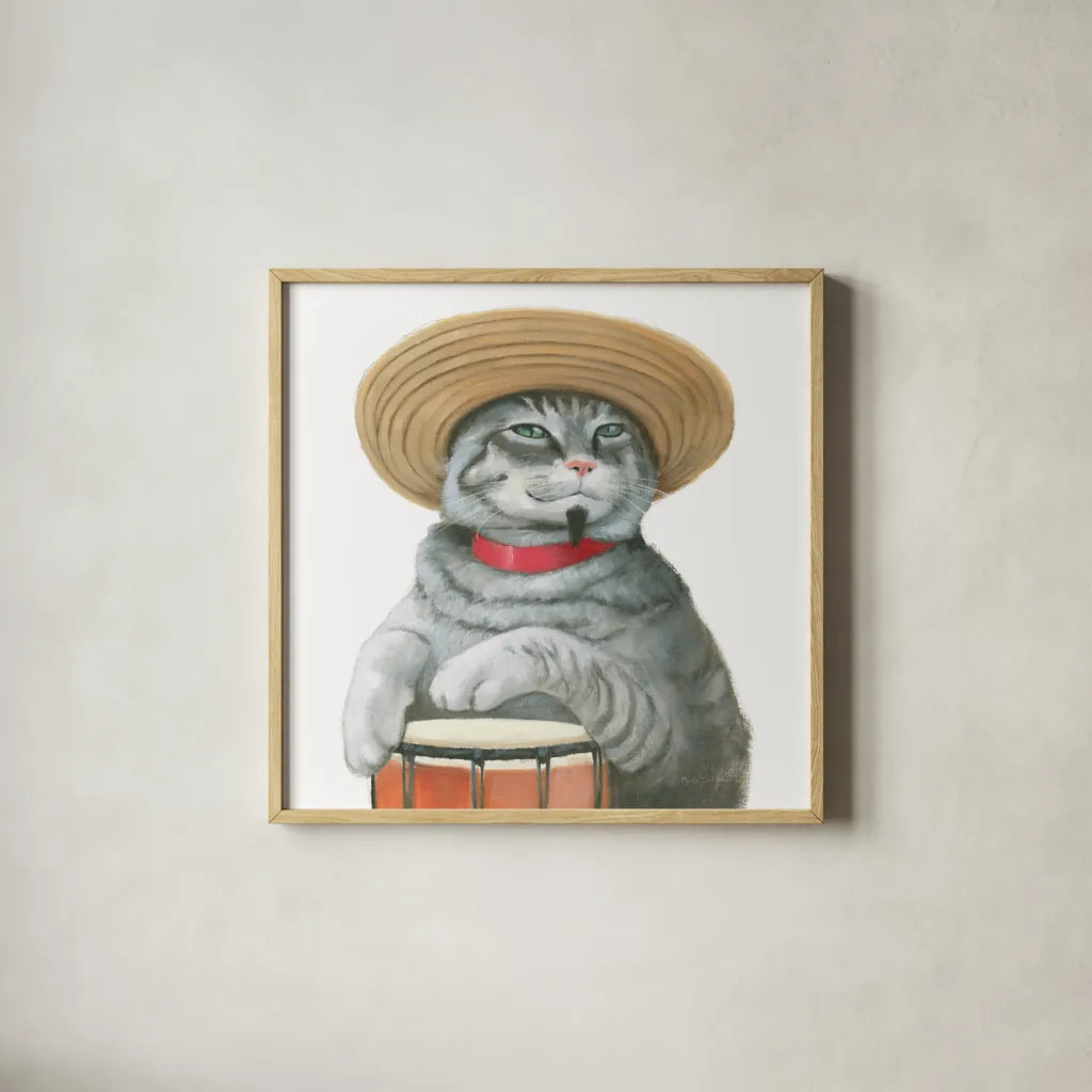 Cattitude II by Myles Sullivan. Shown in a natural wood glass frame for a timeless modern aesthetic. Available as an archival giclee rolled canvas, fine art paper, or poster print. SKU 34898a.