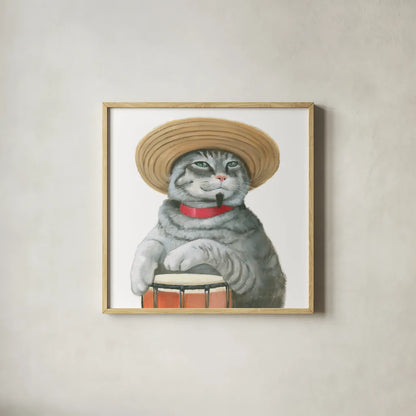 Cattitude II by Myles Sullivan. Shown in a natural wood glass frame for a timeless modern aesthetic. Available as an archival giclee rolled canvas, fine art paper, or poster print. SKU 34898a.